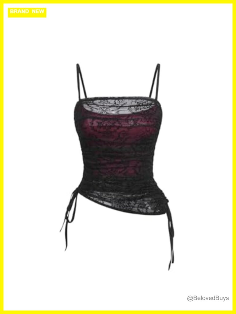Goth Grunge Y2K Ruched Lace Mesh Cami Top Sleeveless Square Neck Slim Fit